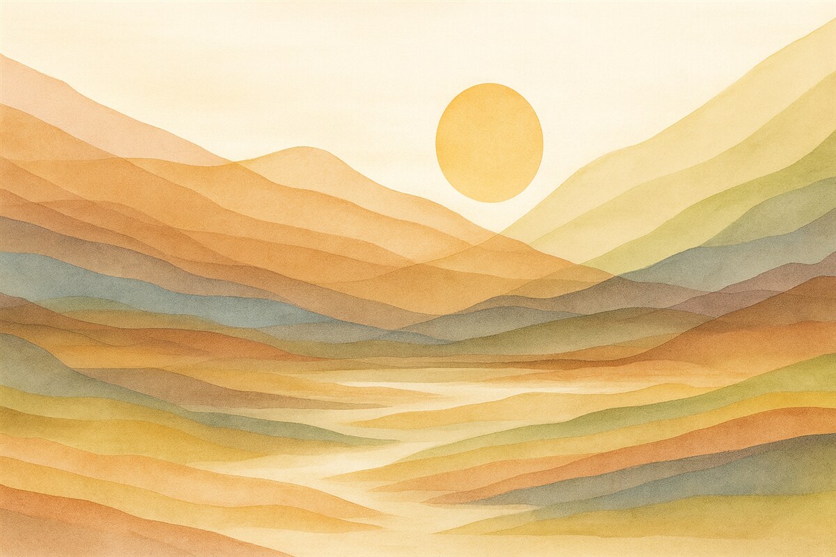 Fototapeta Górzysty pejzaż z przyjemnym słońcem na niebie, falującymi wzgórzami w tonacjach pomarańczu, żółci i brązu.