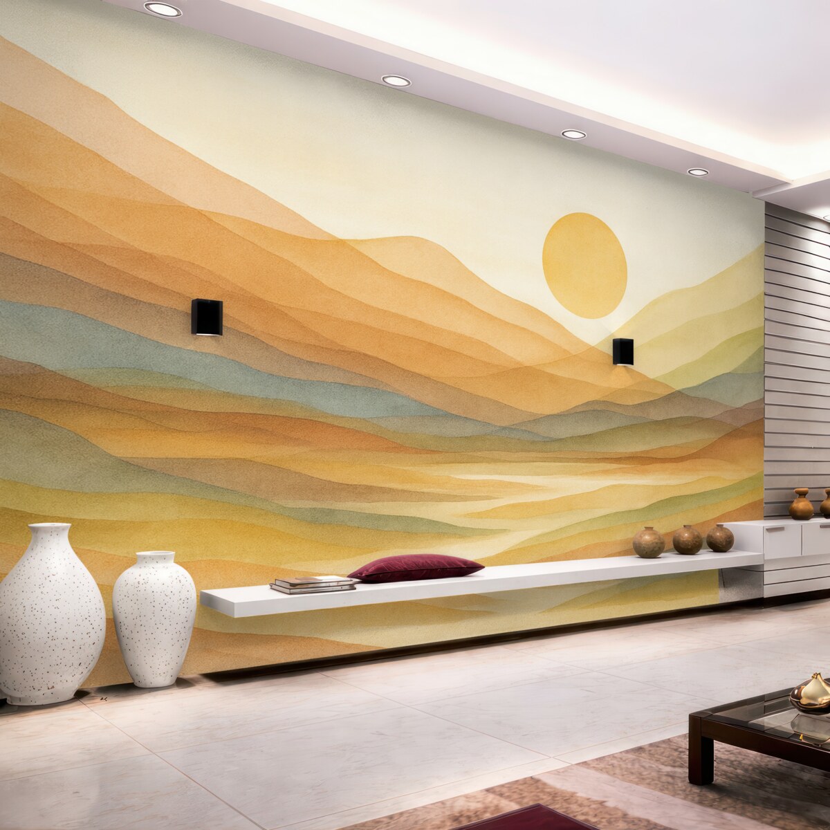 Fototapeta Górzysty pejzaż z przyjemnym słońcem na niebie, falującymi wzgórzami w tonacjach pomarańczu, żółci i brązu.