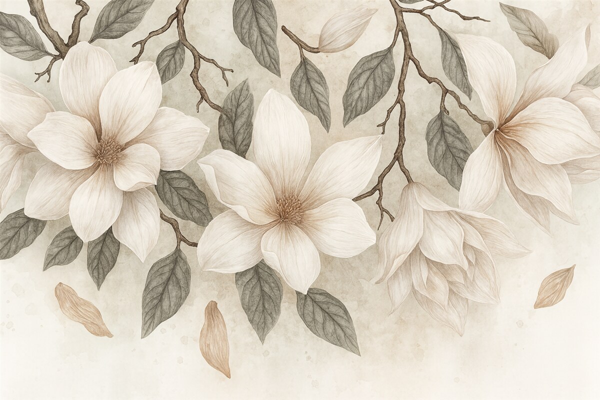 Fototapeta Subtelne różowe i białe kwiaty magnolii z zielonymi liśćmi na jasnym tle, łagodna, kwiatowa aranżacja.