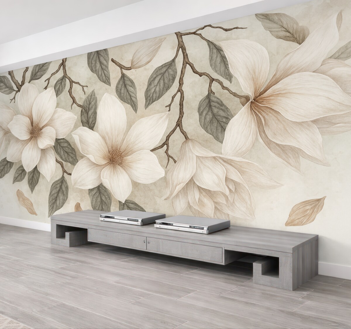 Fototapeta Subtelne różowe i białe kwiaty magnolii z zielonymi liśćmi na jasnym tle, łagodna, kwiatowa aranżacja.