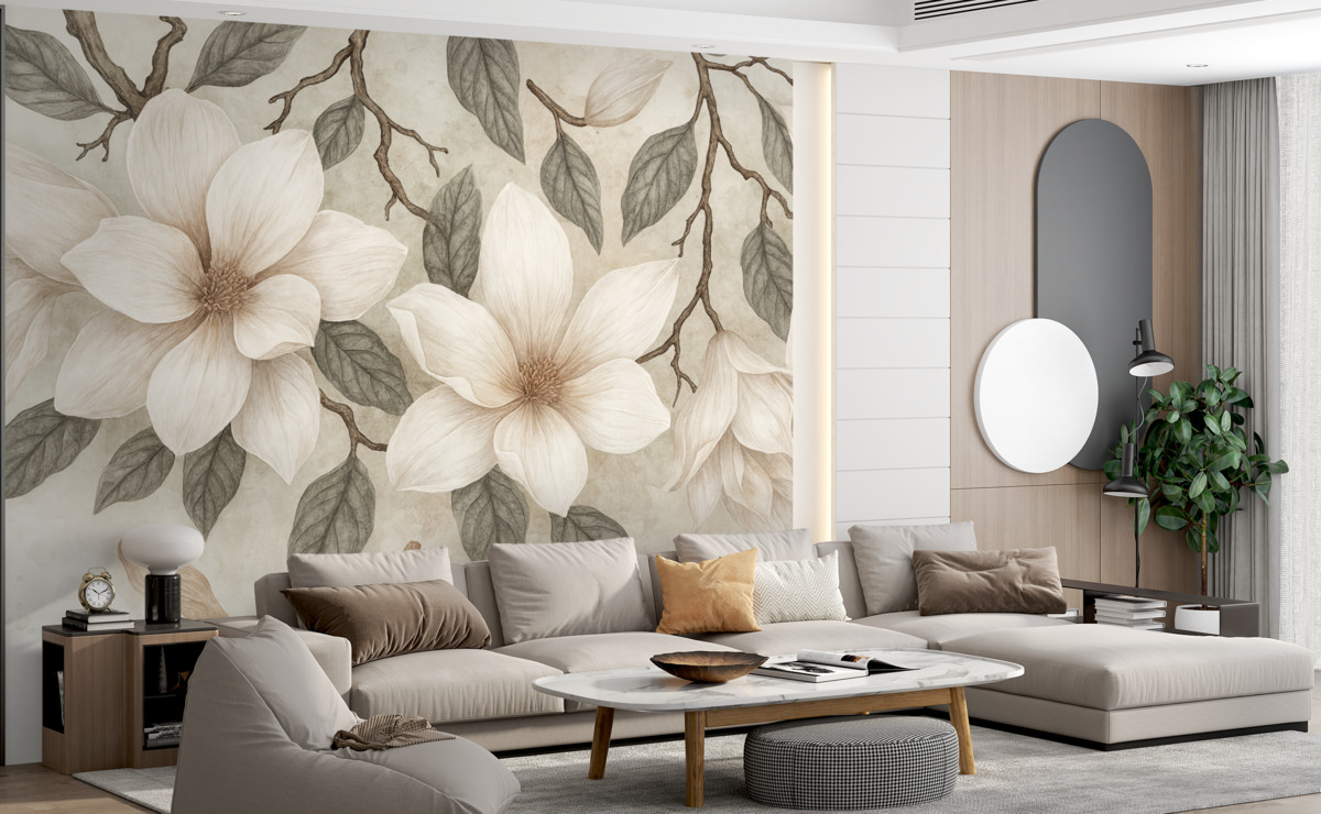 Fototapeta Subtelne różowe i białe kwiaty magnolii z zielonymi liśćmi na jasnym tle, łagodna, kwiatowa aranżacja.