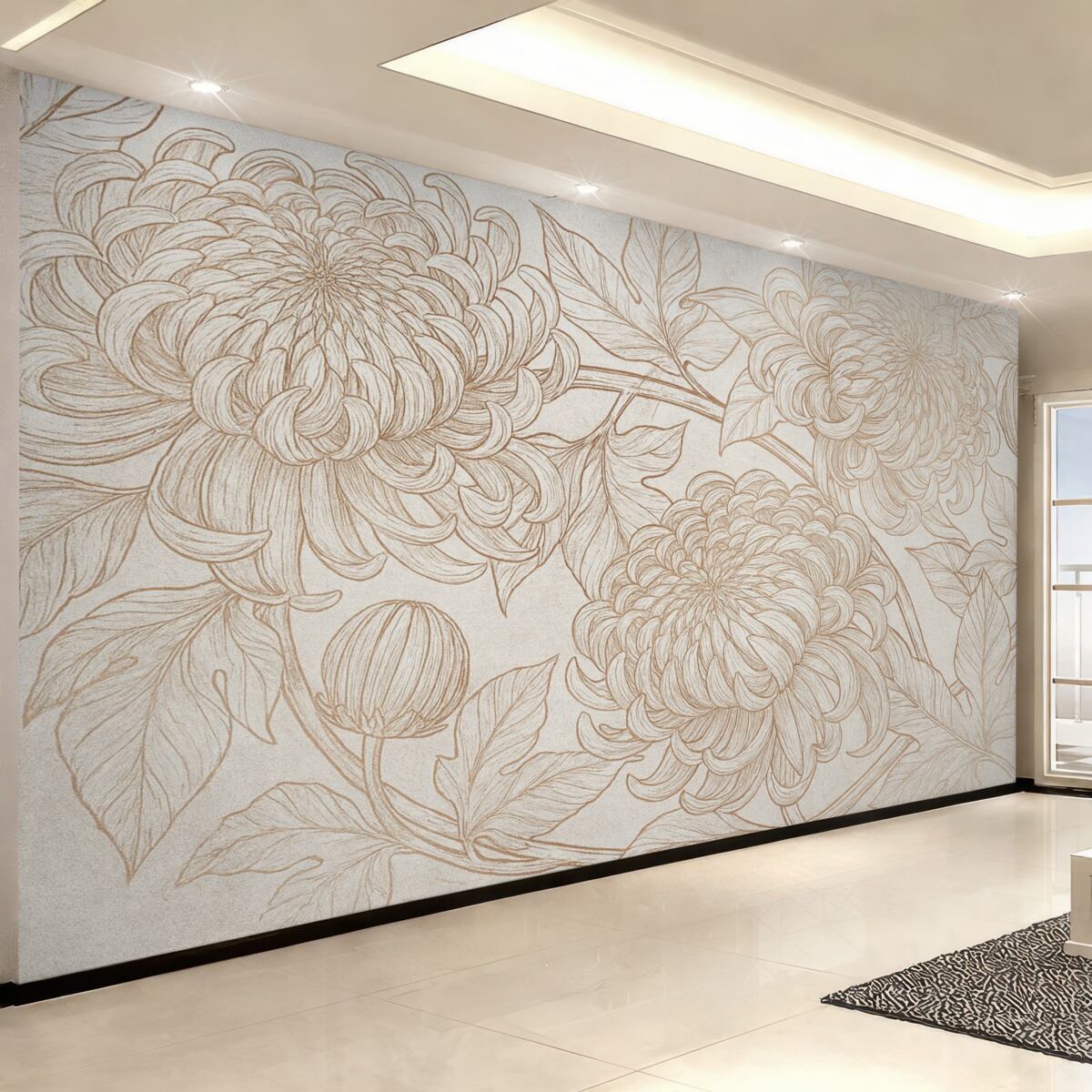 Fototapeta Dokładny szkic linii chryzantem oraz innych dużych kwiatów, z złożonymi wzorami płatków i liści.