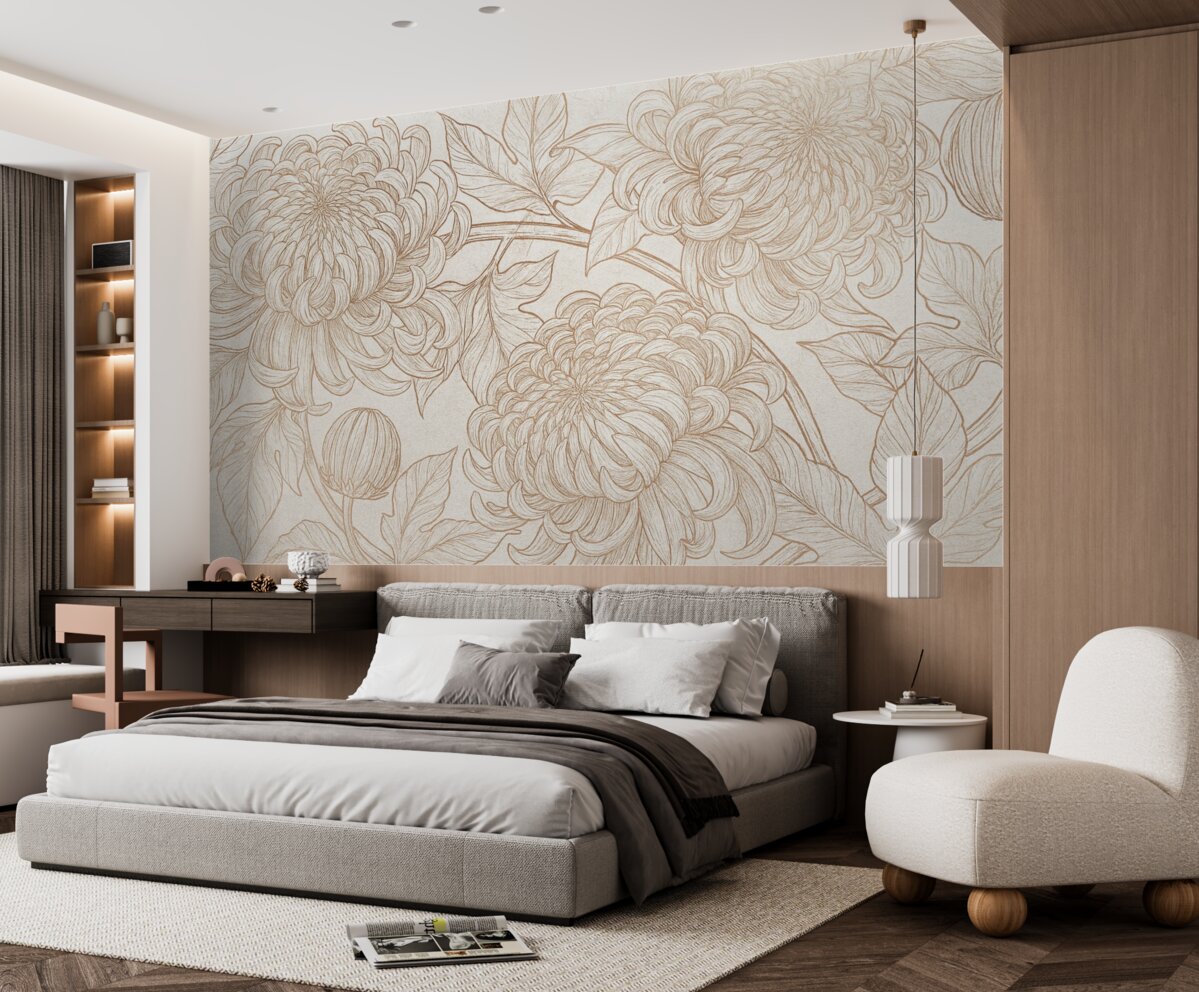 Fototapeta Dokładny szkic linii chryzantem oraz innych dużych kwiatów, z złożonymi wzorami płatków i liści.