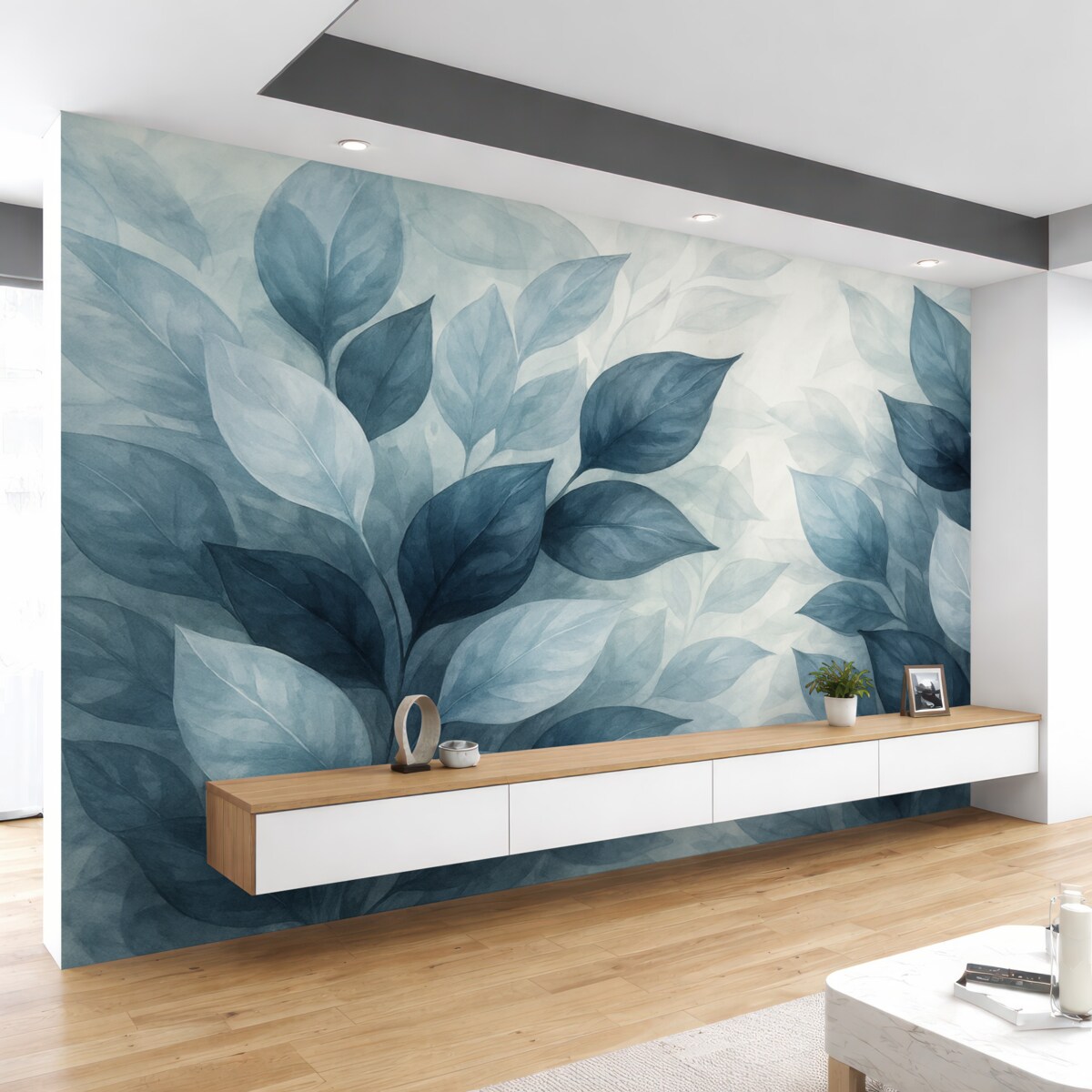 Fototapeta Delikatne szaro-białe liście akwarelowe z rozmytym, subtelnym tłem.