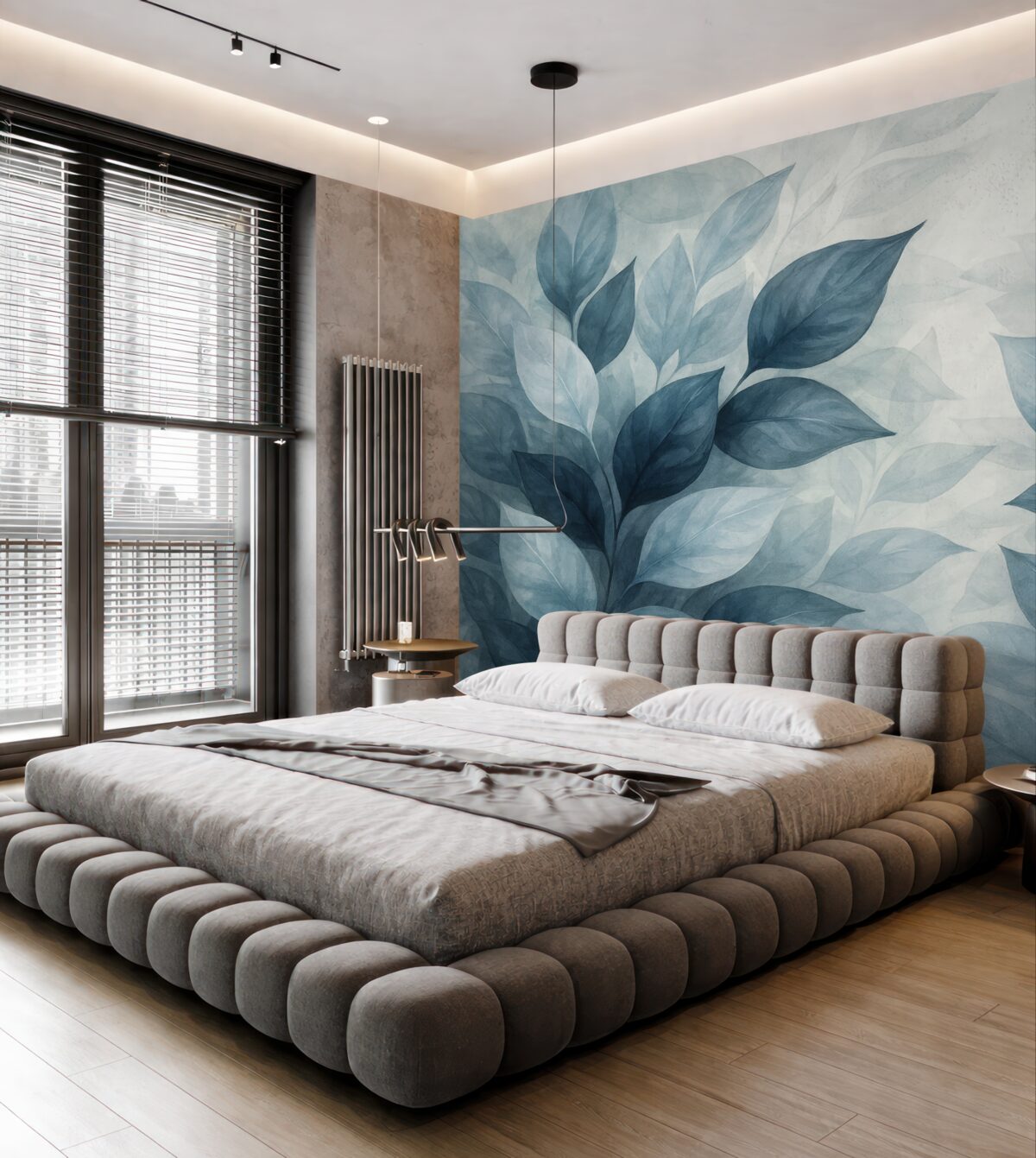 Fototapeta Delikatne szaro-białe liście akwarelowe z rozmytym, subtelnym tłem.