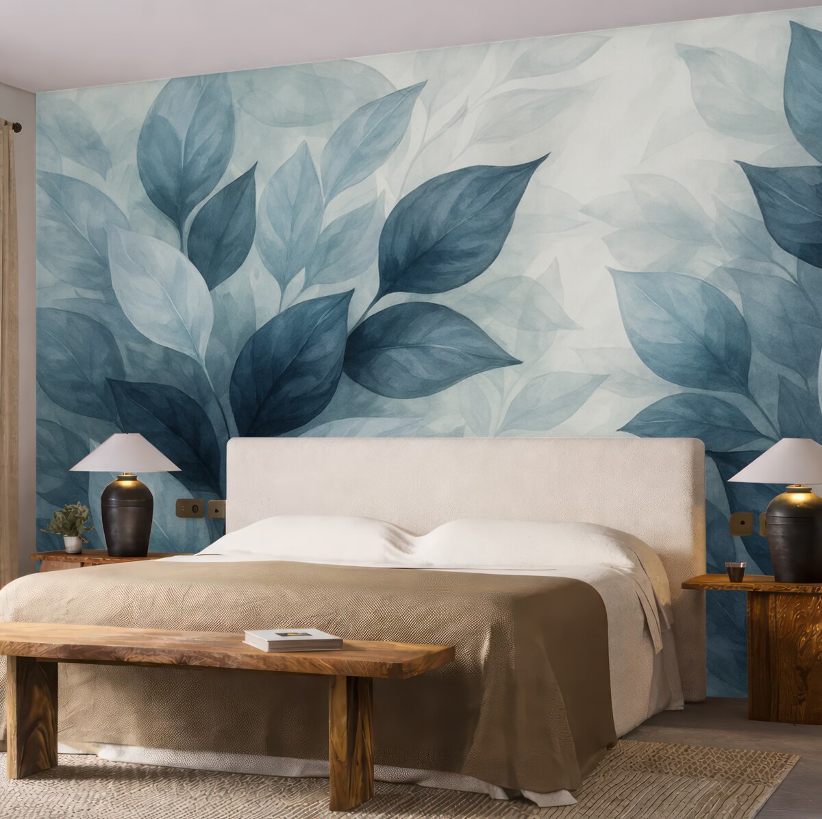 Fototapeta Delikatne szaro-białe liście akwarelowe z rozmytym, subtelnym tłem.