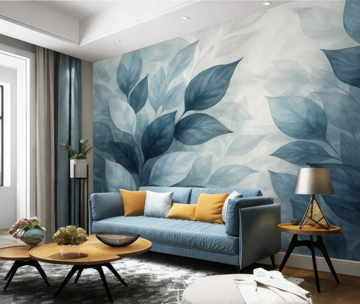 Fototapeta Delikatne szaro-białe liście akwarelowe z rozmytym, subtelnym tłem.