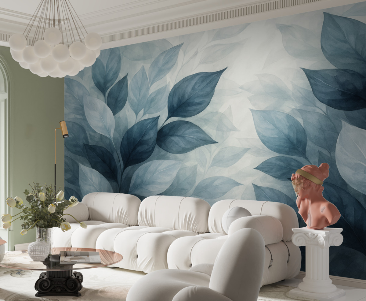 Fototapeta Delikatne szaro-białe liście akwarelowe z rozmytym, subtelnym tłem.