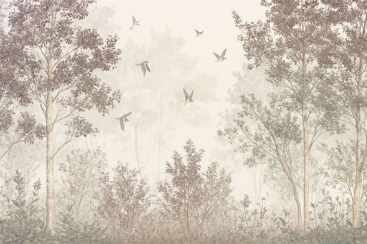 Fototapeta Nagi, delikatny, beżowy las z konarami na tle zamglonej, pochmurnej atmosfery z fruwającymi ptakami.