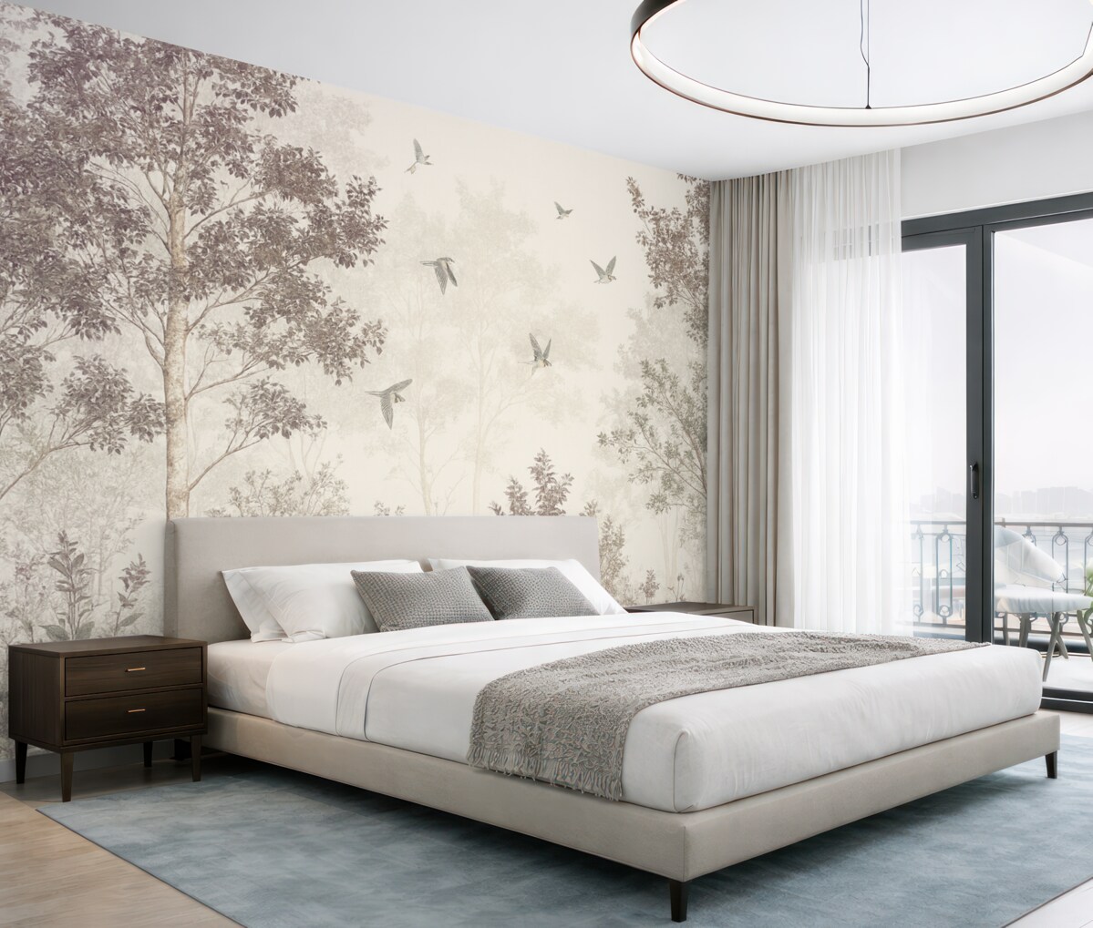 Fototapeta Nagi, delikatny, beżowy las z konarami na tle zamglonej, pochmurnej atmosfery z fruwającymi ptakami.