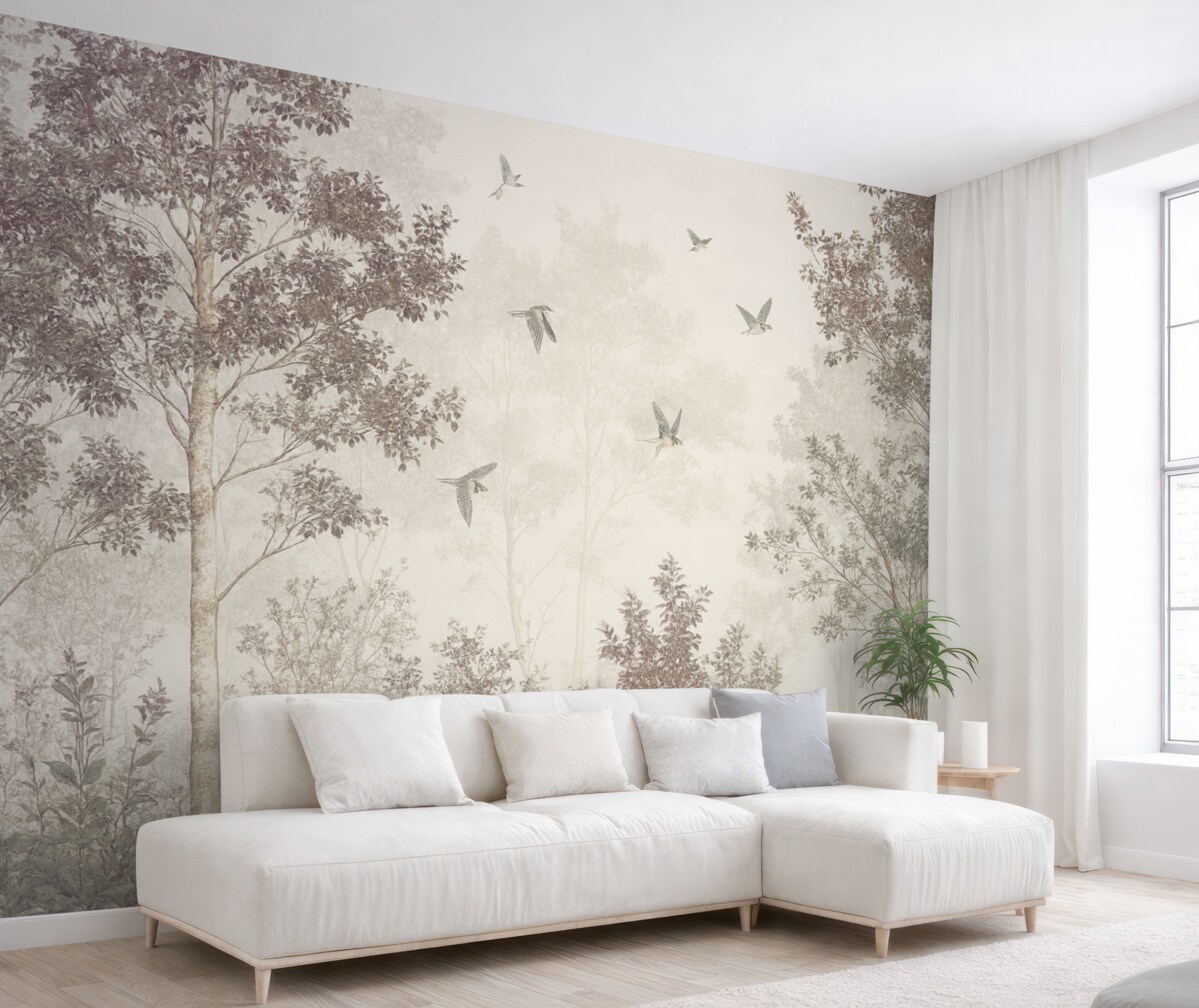 Fototapeta Nagi, delikatny, beżowy las z konarami na tle zamglonej, pochmurnej atmosfery z fruwającymi ptakami.