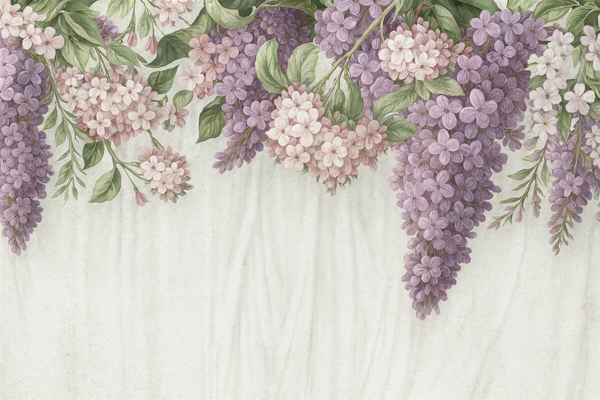 Fototapeta Kwiatowy wzór z białymi i fioletowymi kwiatami, bzami oraz zielonymi liśćmi na jasnym materiałowym tle.