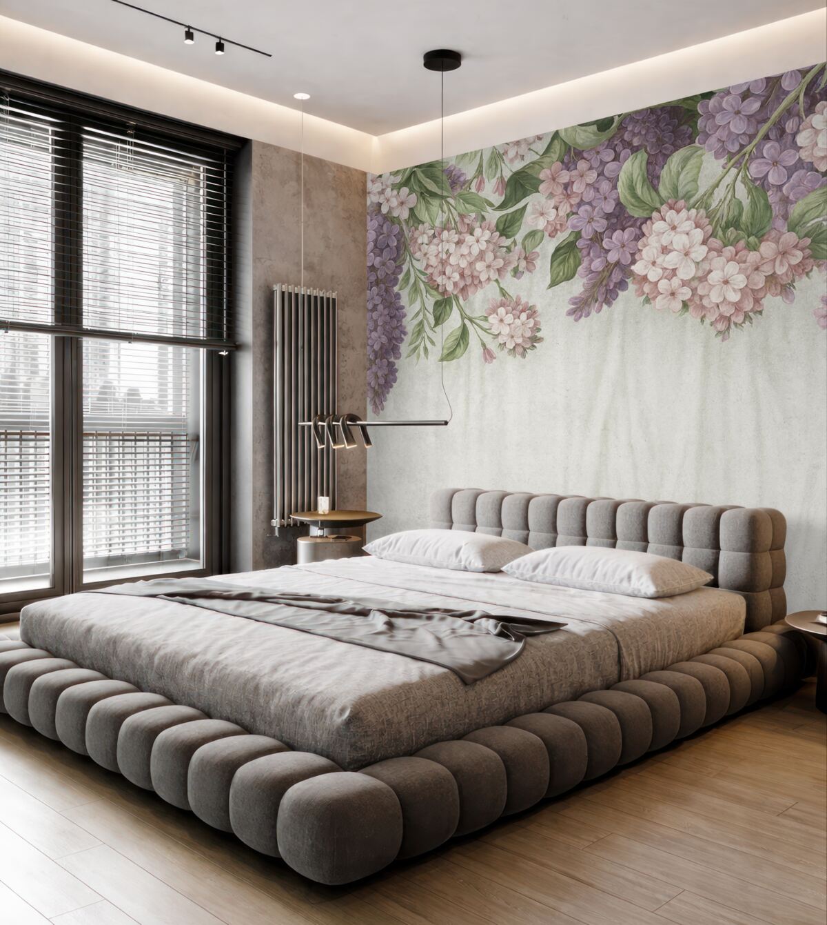 Fototapeta Kwiatowy wzór z białymi i fioletowymi kwiatami, bzami oraz zielonymi liśćmi na jasnym materiałowym tle.