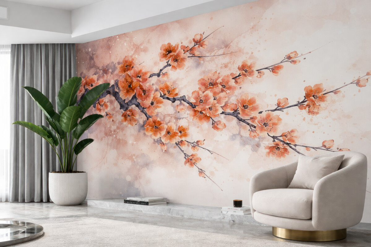 Fototapeta Gałąź rozkwitających czerwonych kwiatów wiśni na delikatnym, zamglonym tle z akcentami błękitu i szarości.