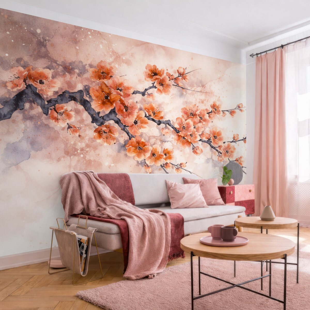 Fototapeta Gałąź rozkwitających czerwonych kwiatów wiśni na delikatnym, zamglonym tle z akcentami błękitu i szarości.