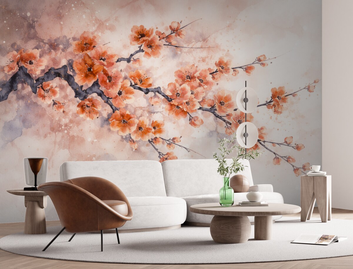 Fototapeta Gałąź rozkwitających czerwonych kwiatów wiśni na delikatnym, zamglonym tle z akcentami błękitu i szarości.