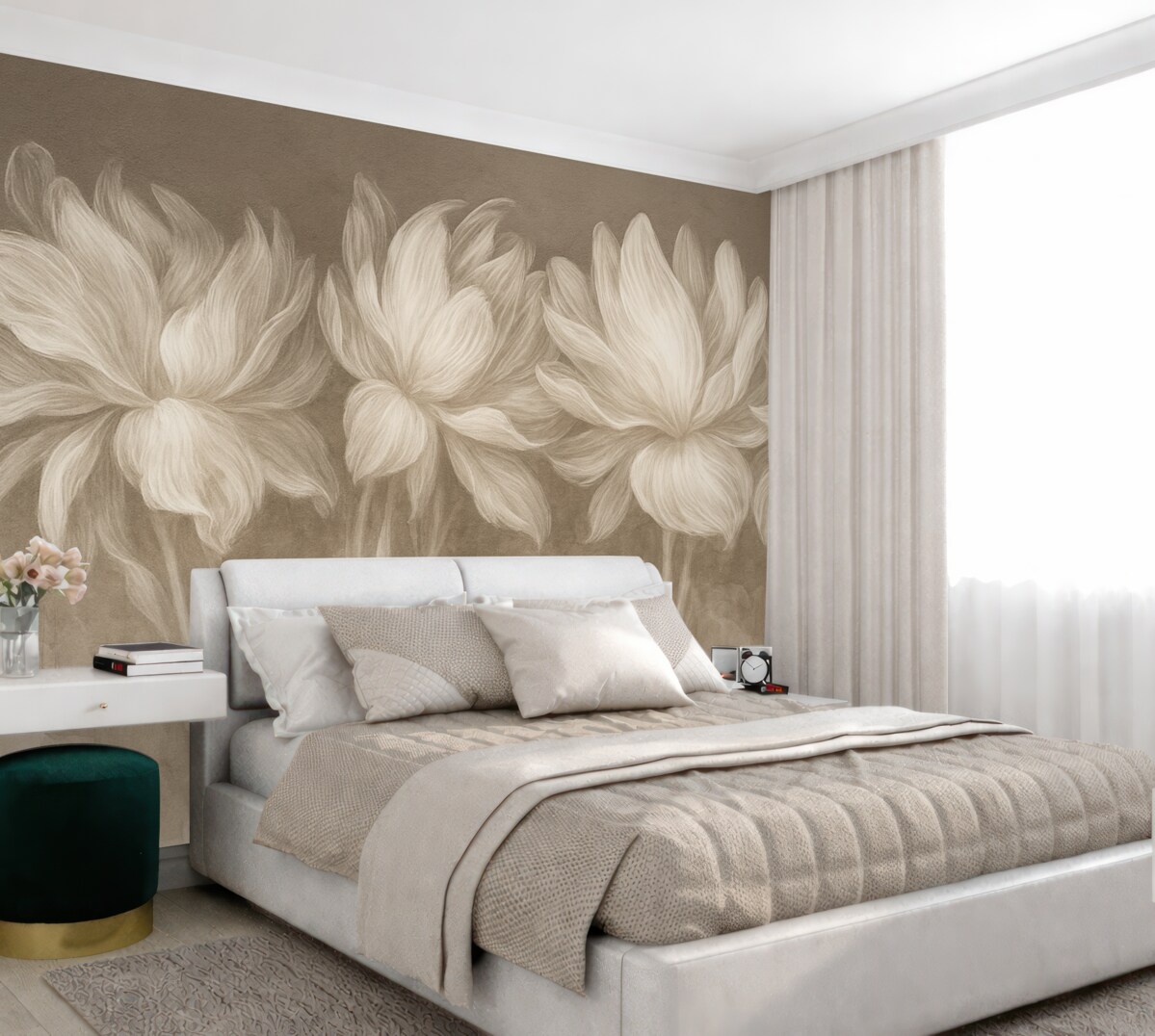 Fototapeta Delikatny minimalizm, białe, przezroczyste kontury kwiatów na brązowej teksturowanej powierzchni.