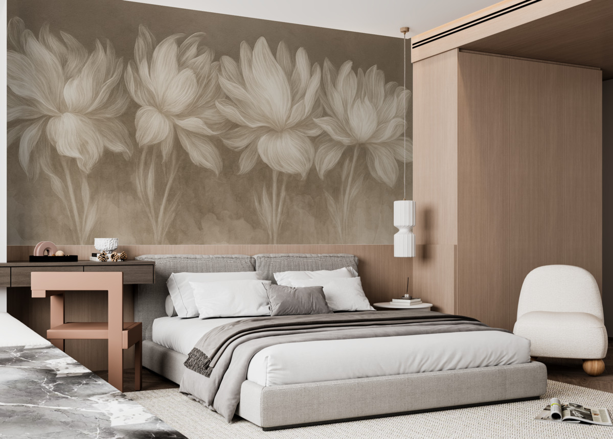 Fototapeta Delikatny minimalizm, białe, przezroczyste kontury kwiatów na brązowej teksturowanej powierzchni.