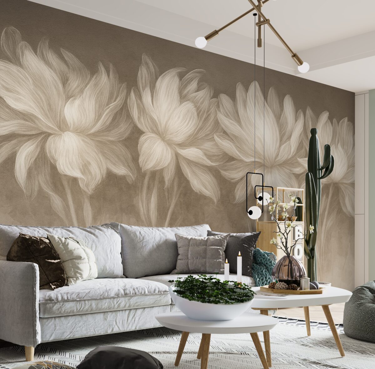 Fototapeta Delikatny minimalizm, białe, przezroczyste kontury kwiatów na brązowej teksturowanej powierzchni.