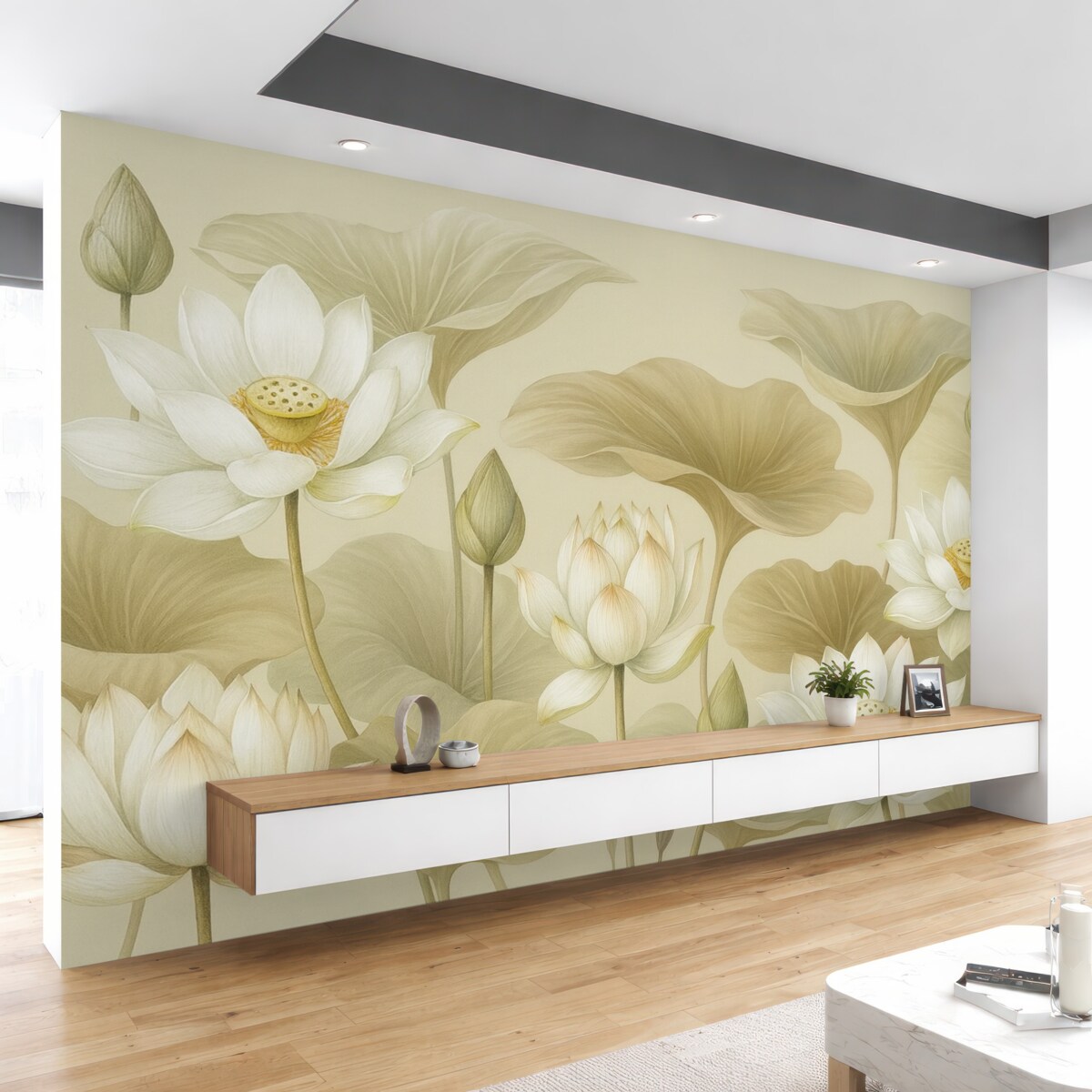 Fototapeta Cudowne wielkie beżowe liście oraz kwiaty lotosu.