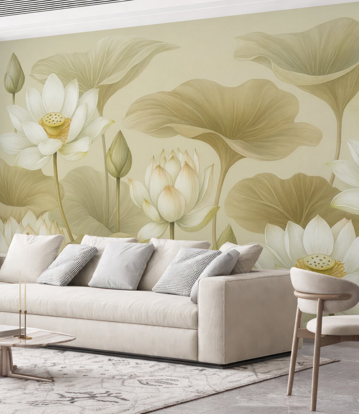 Fototapeta Cudowne wielkie beżowe liście oraz kwiaty lotosu.