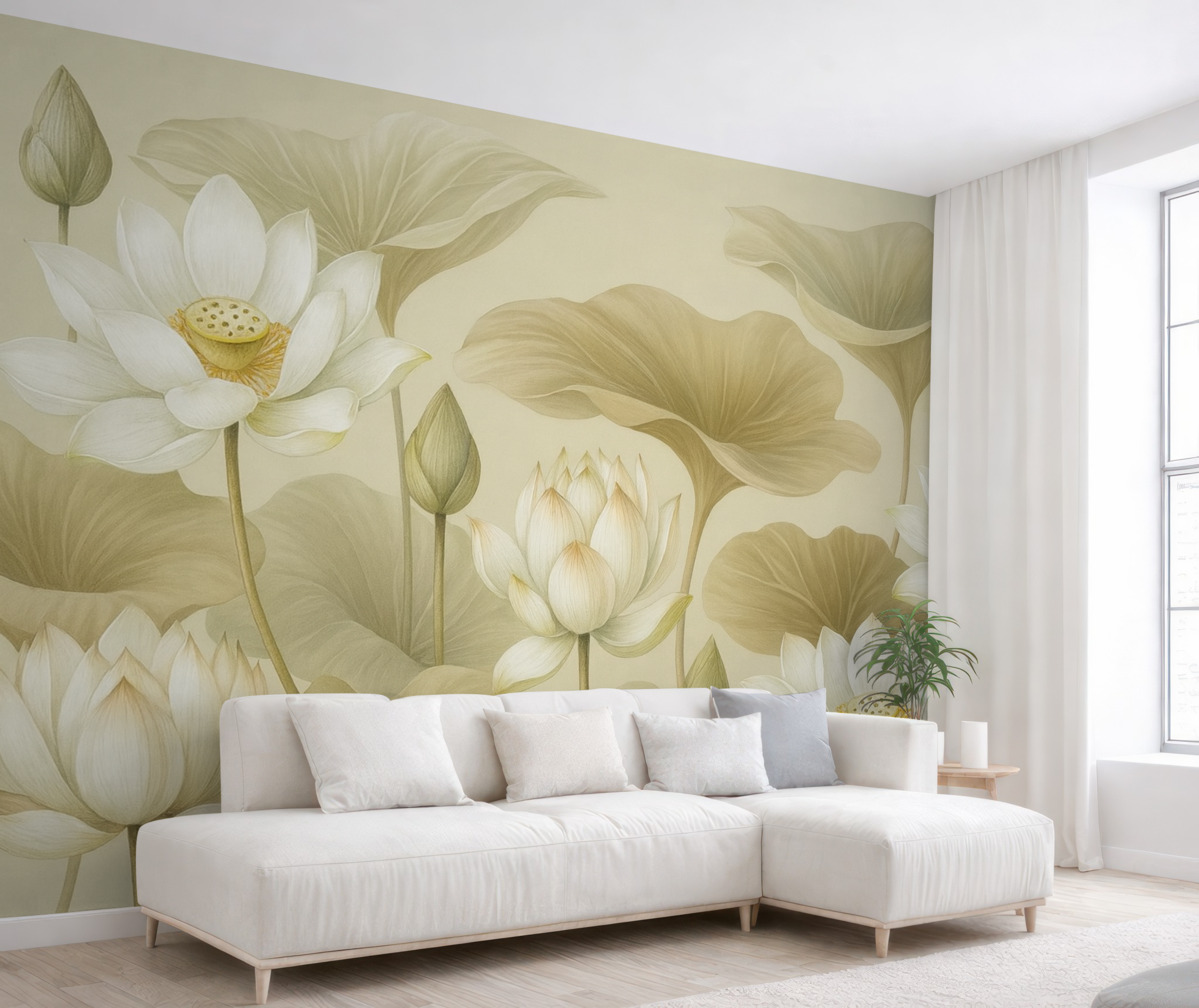 Fototapeta Cudowne wielkie beżowe liście oraz kwiaty lotosu.