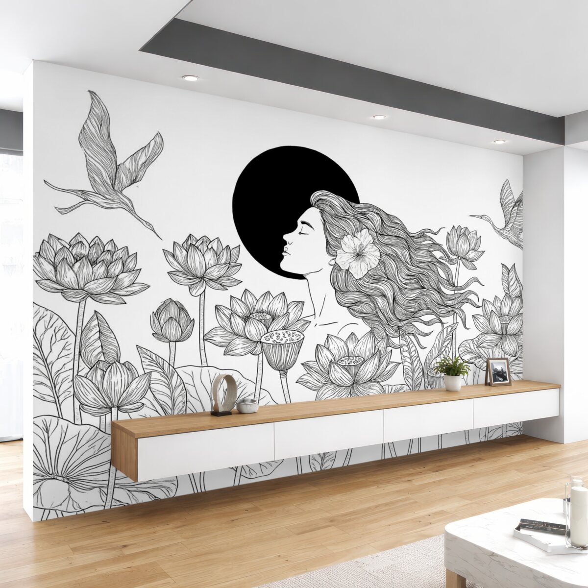 Fototapeta Kobieta w otoczeniu przyrody, szkic konturów, kwiaty lotosu, duże liście, fruwające ptaki, kolor czarny.