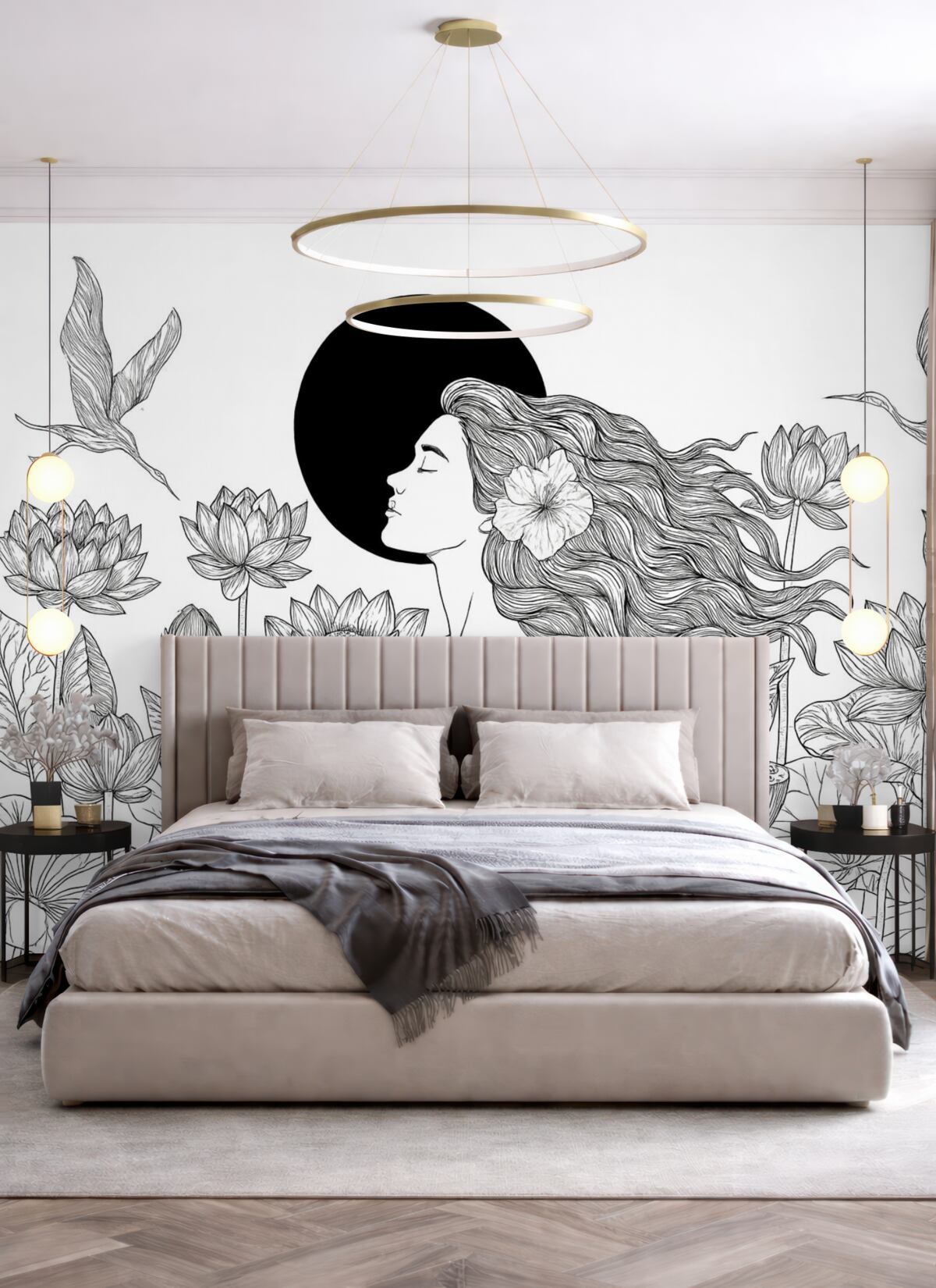 Fototapeta Kobieta w otoczeniu przyrody, szkic konturów, kwiaty lotosu, duże liście, fruwające ptaki, kolor czarny.