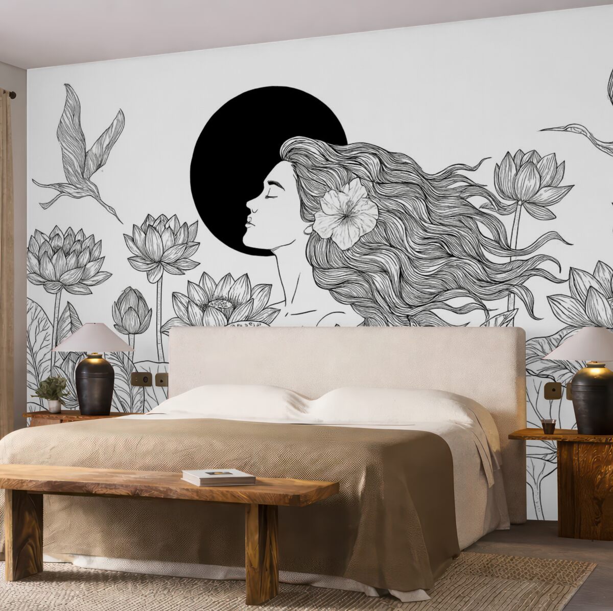 Fototapeta Kobieta w otoczeniu przyrody, szkic konturów, kwiaty lotosu, duże liście, fruwające ptaki, kolor czarny.