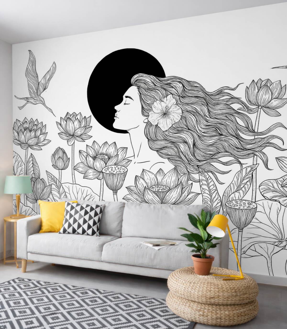 Fototapeta Kobieta w otoczeniu przyrody, szkic konturów, kwiaty lotosu, duże liście, fruwające ptaki, kolor czarny.