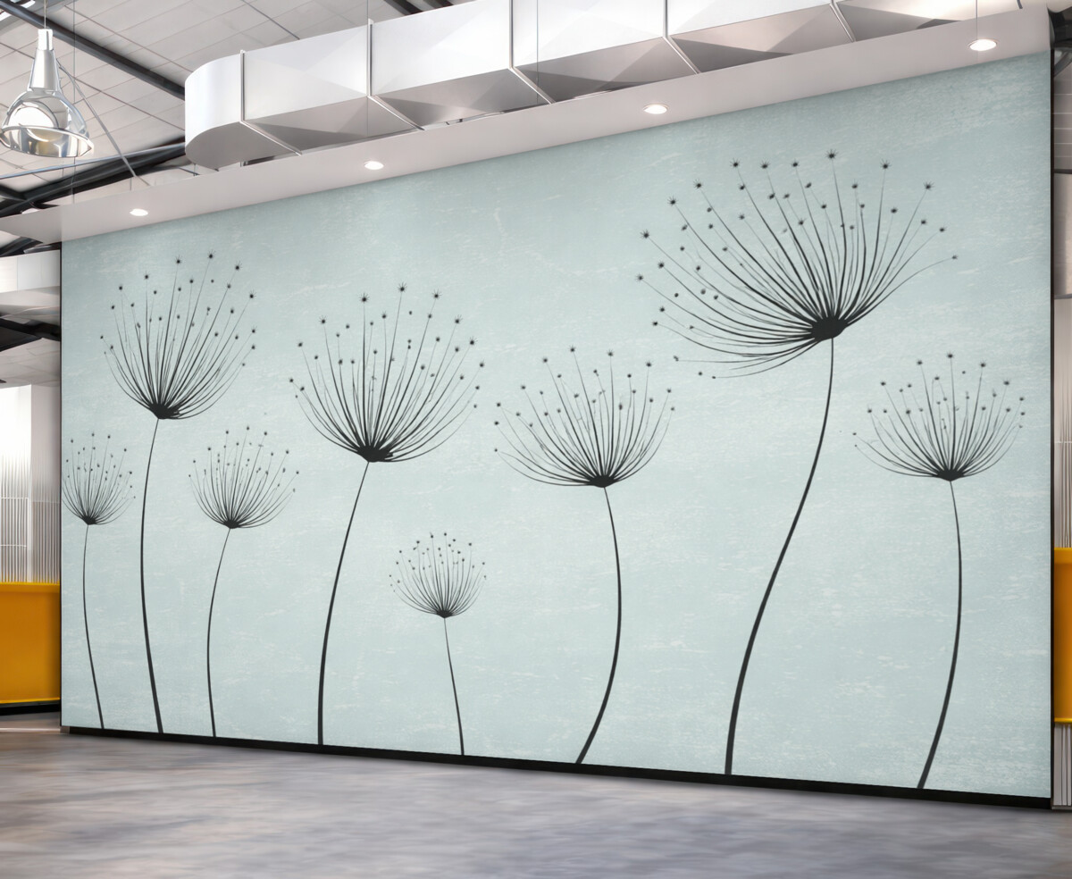 Fototapeta Kwiaty w linii, wczesne mlecze na turkusowej barwie.