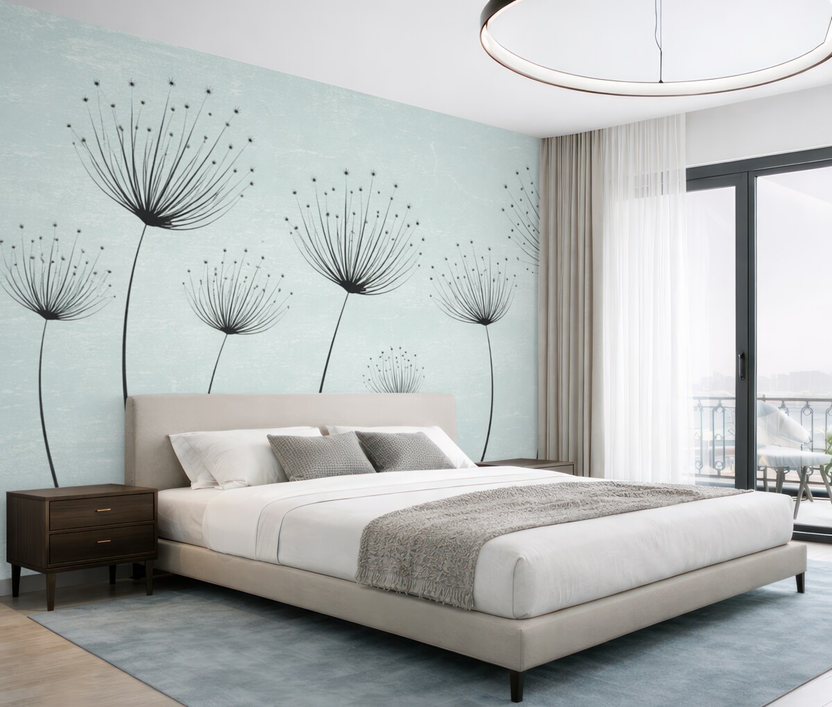 Fototapeta Kwiaty w linii, wczesne mlecze na turkusowej barwie.