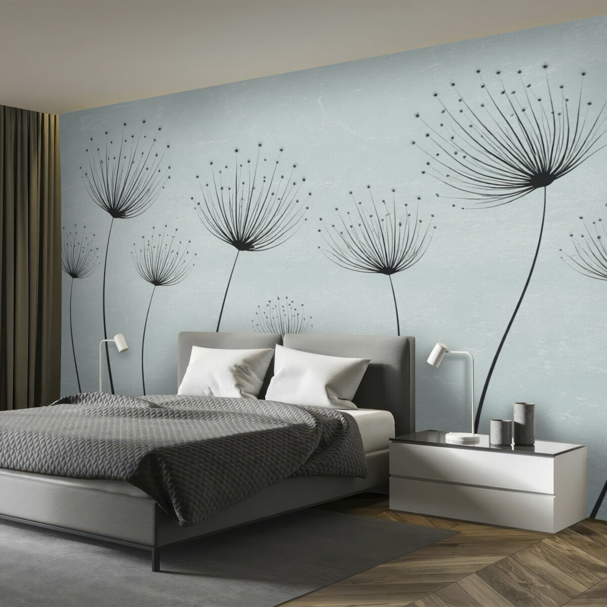 Fototapeta Kwiaty w linii, wczesne mlecze na turkusowej barwie.