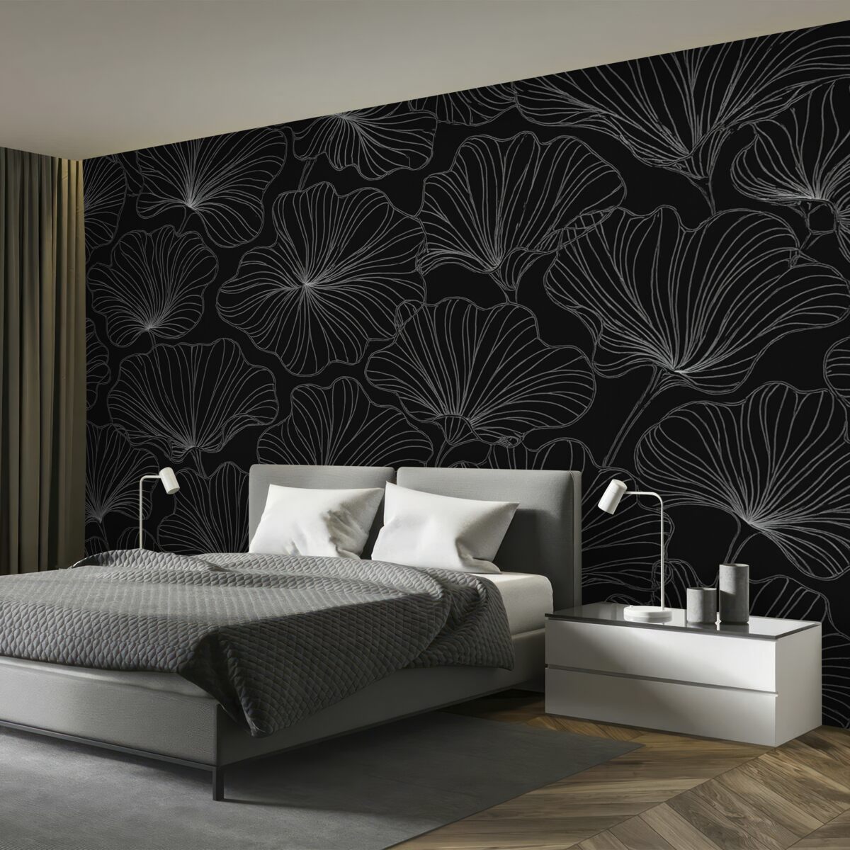 Fototapeta Wielkie kwiaty liniowe, ciemne tło.