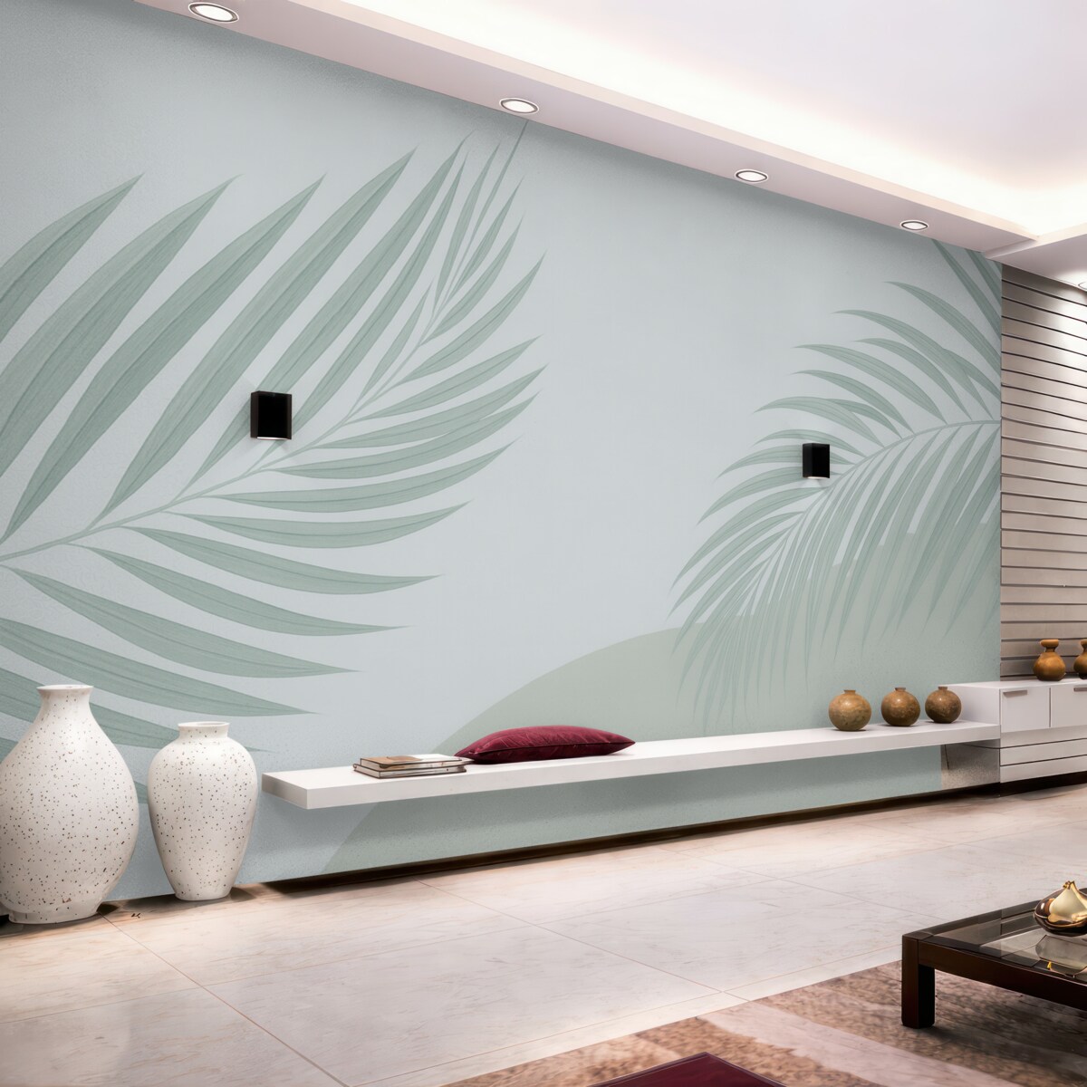 Fototapeta Tropikalne liście na jasnym podłożu.