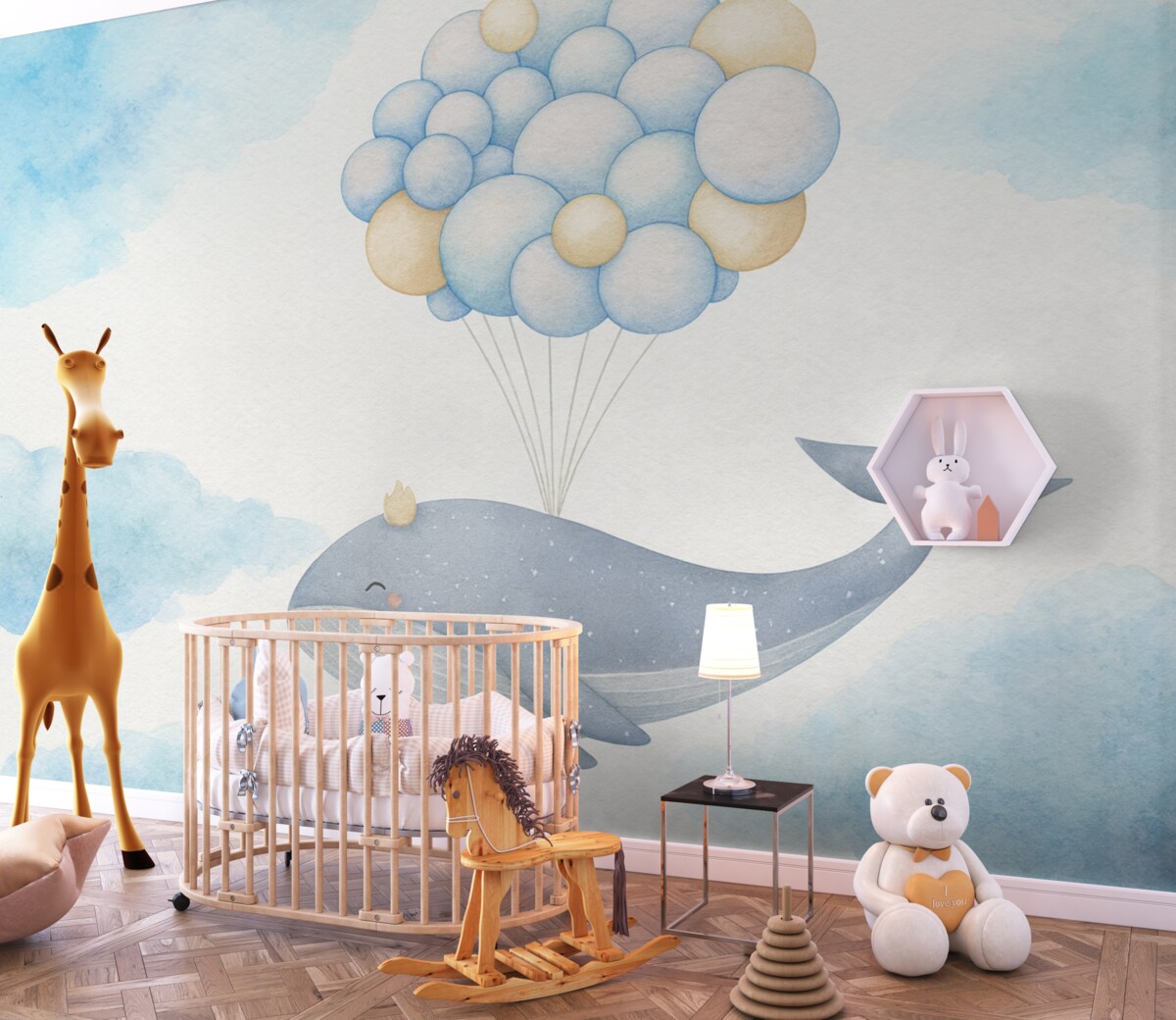 Fototapeta Wieloryb z balonami w odcieniu niebieskim.