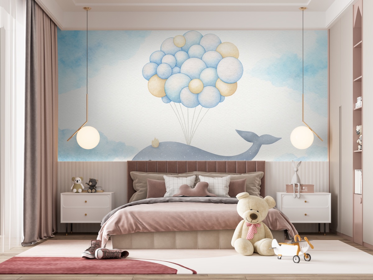 Fototapeta Wieloryb z balonami w odcieniu niebieskim.