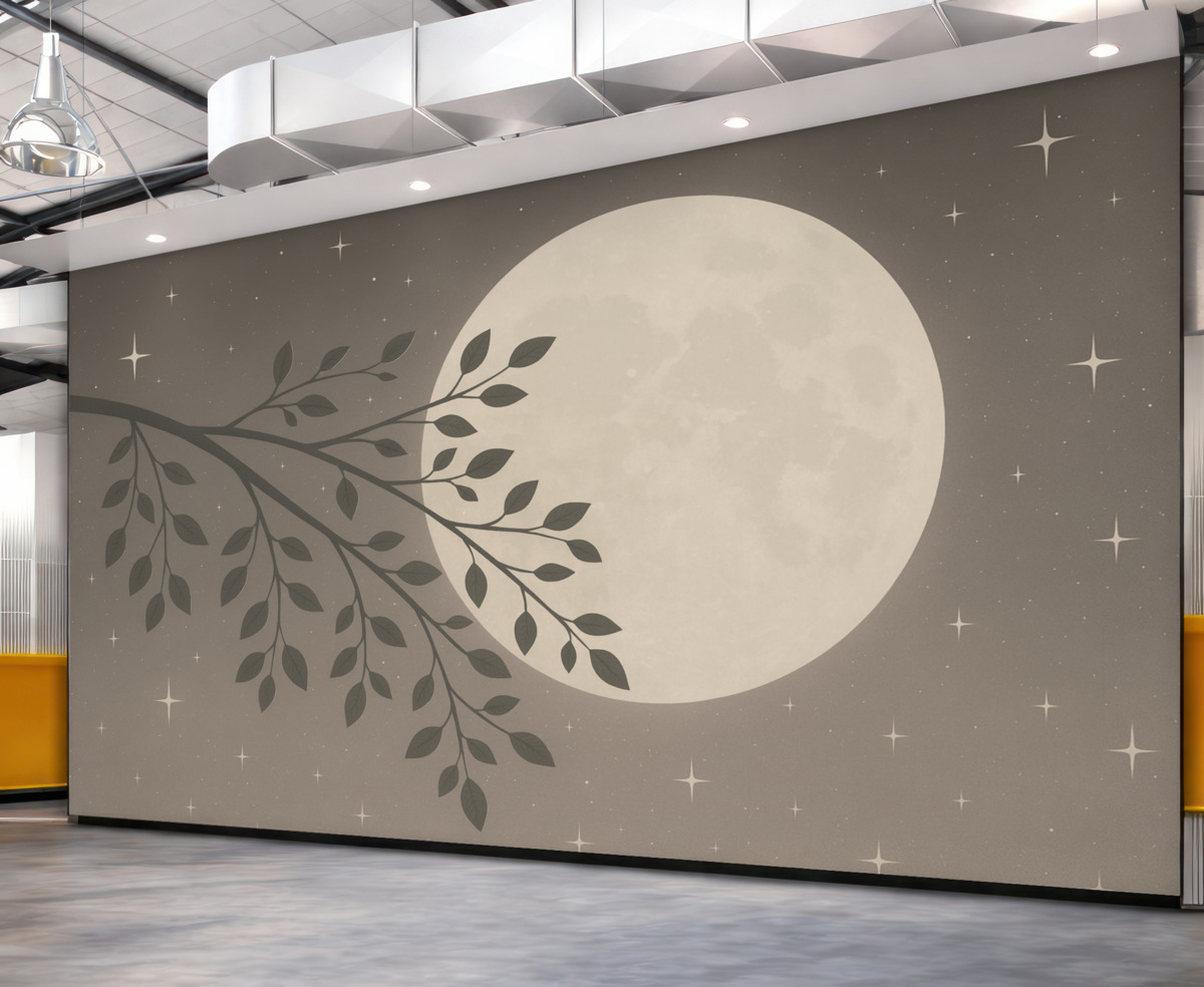 Fototapeta Abstrakcyjny motyw z gałęzią i gwiazdami w odcieniu beżu.