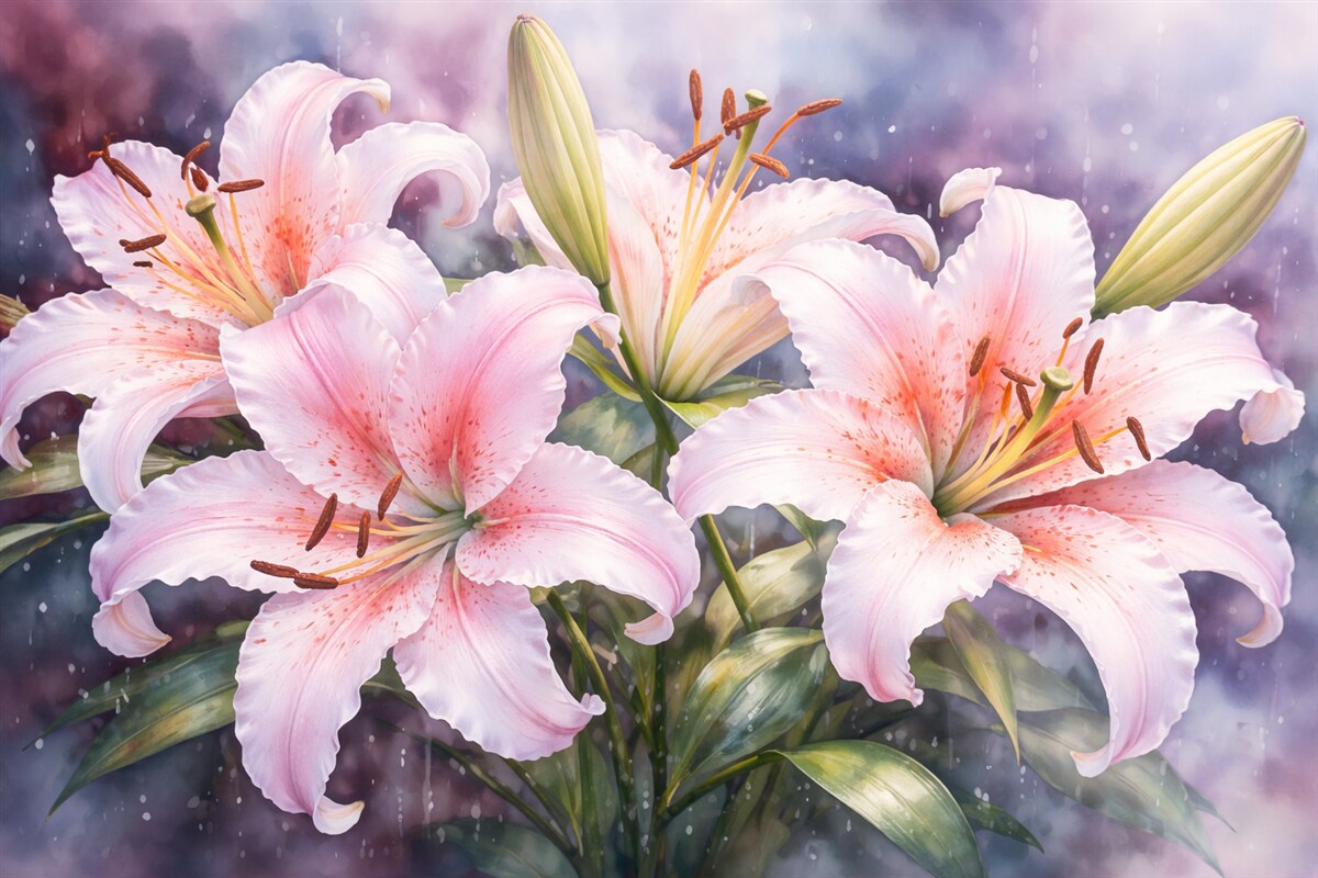 Fototapeta Białe lilie na akwarelowym tle o ciemnej barwie.