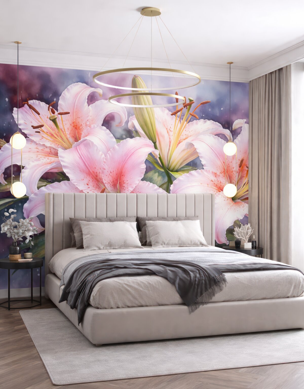 Fototapeta Białe lilie na akwarelowym tle o ciemnej barwie.