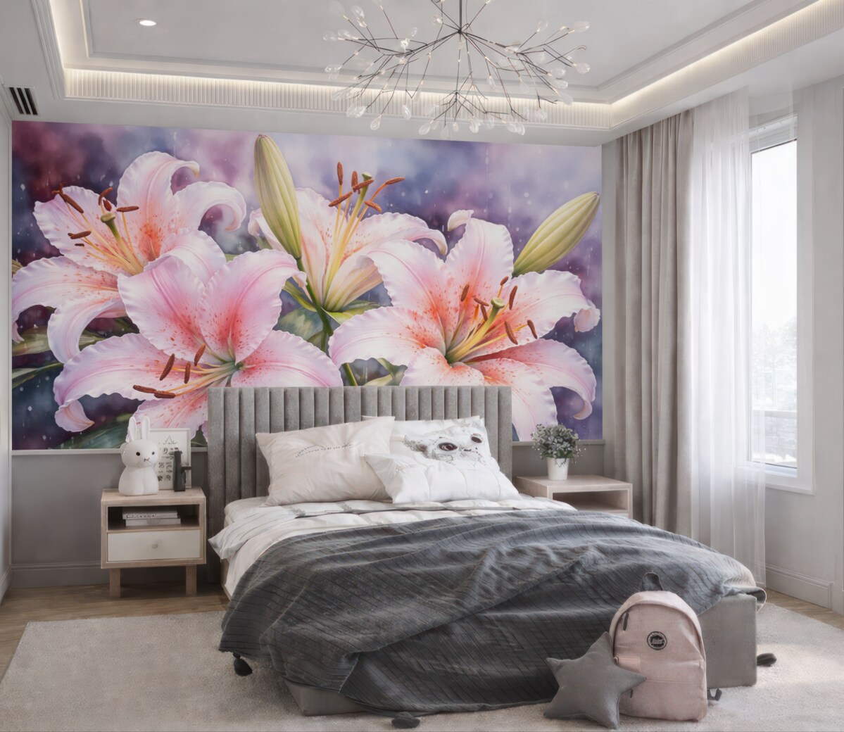 Fototapeta Białe lilie na akwarelowym tle o ciemnej barwie.