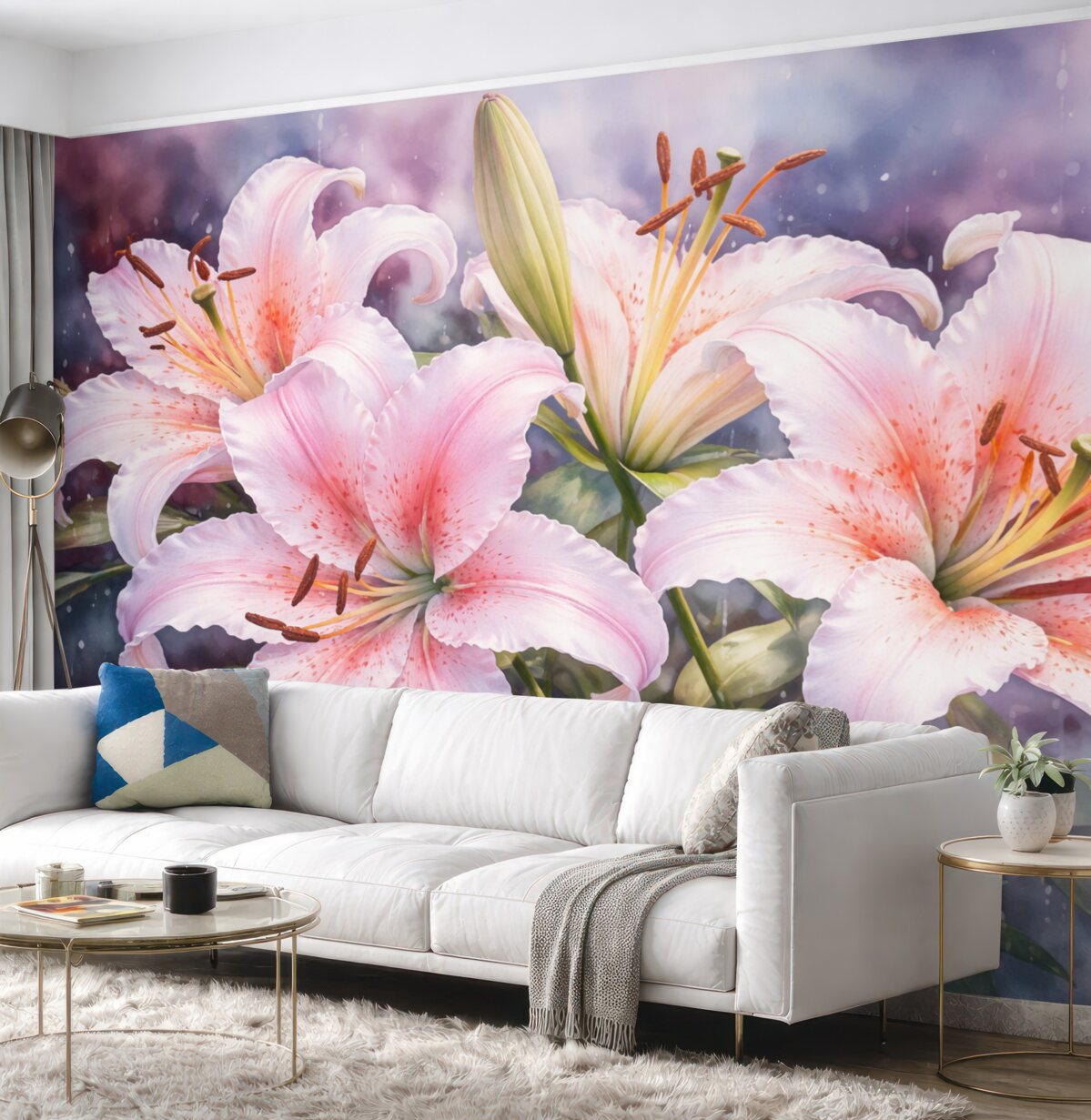 Fototapeta Białe lilie na akwarelowym tle o ciemnej barwie.