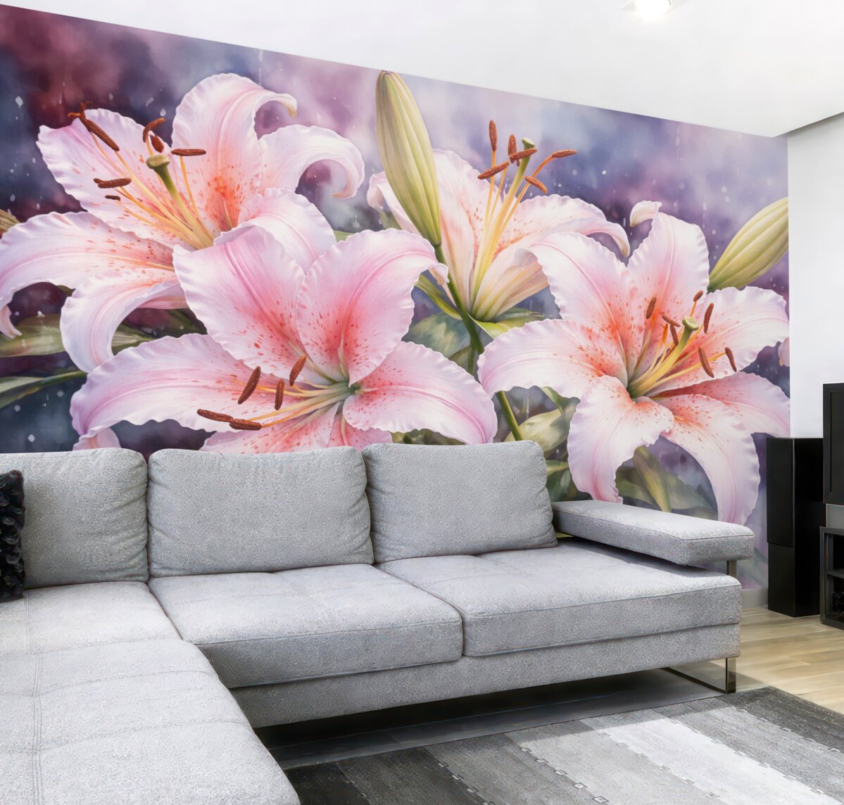 Fototapeta Białe lilie na akwarelowym tle o ciemnej barwie.