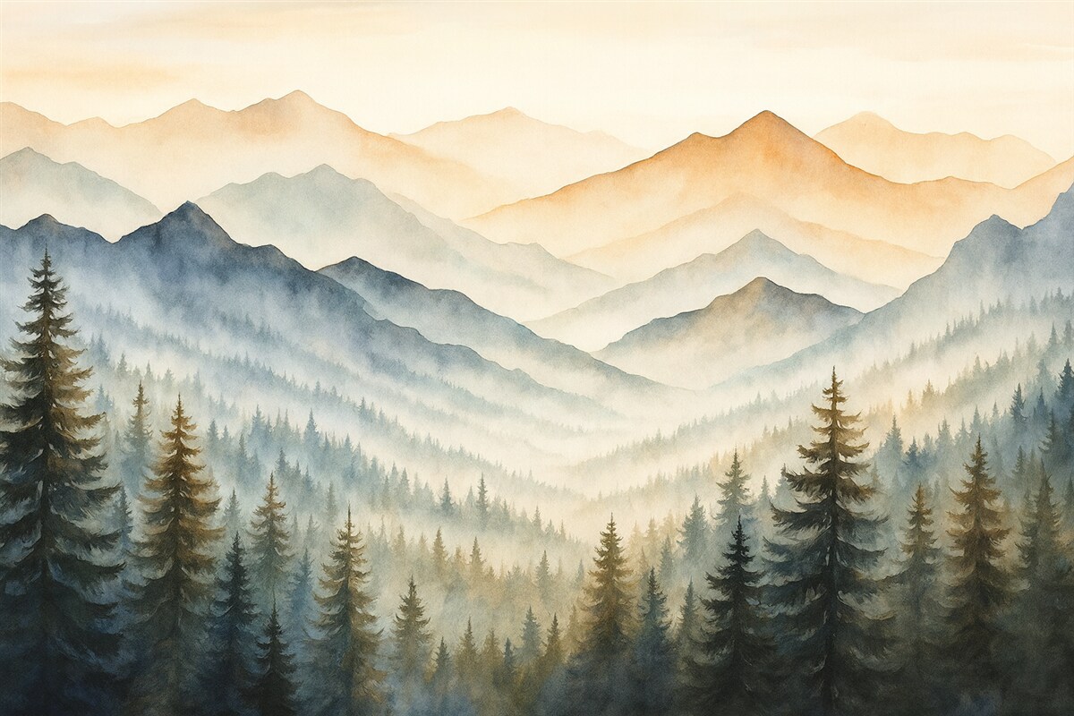 Fototapeta Góry na tle leśnej malowanki.