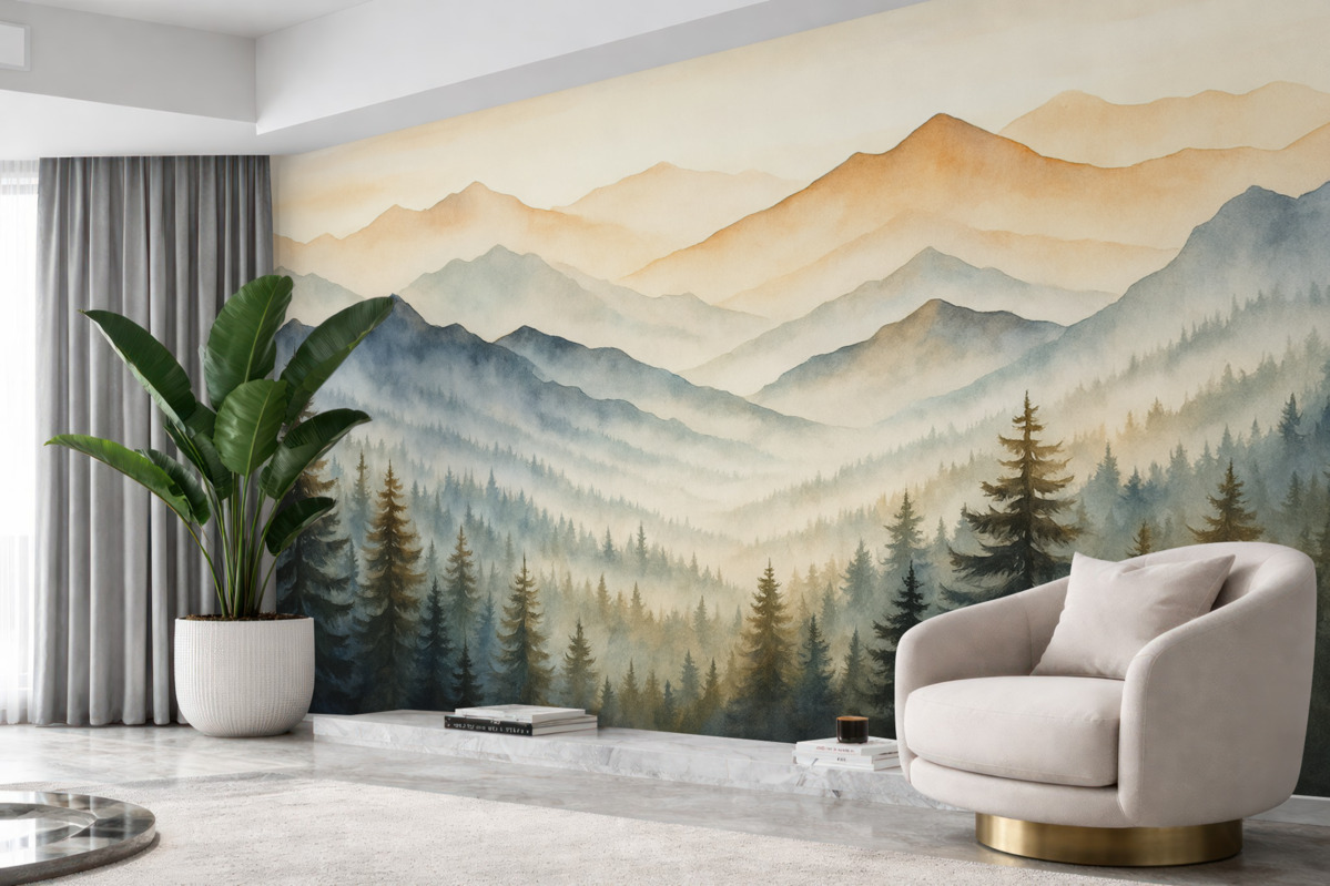 Fototapeta Góry na tle leśnej malowanki.