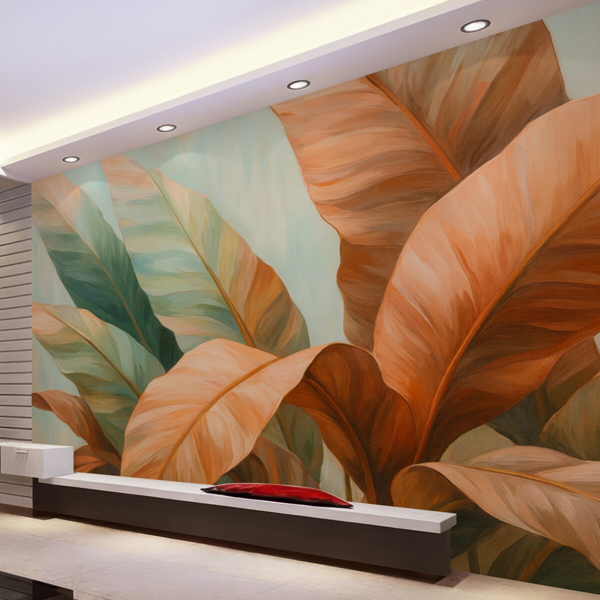 Fototapeta Obraz olejny z wielkimi liśćmi palmowymi w odcieniach różu.