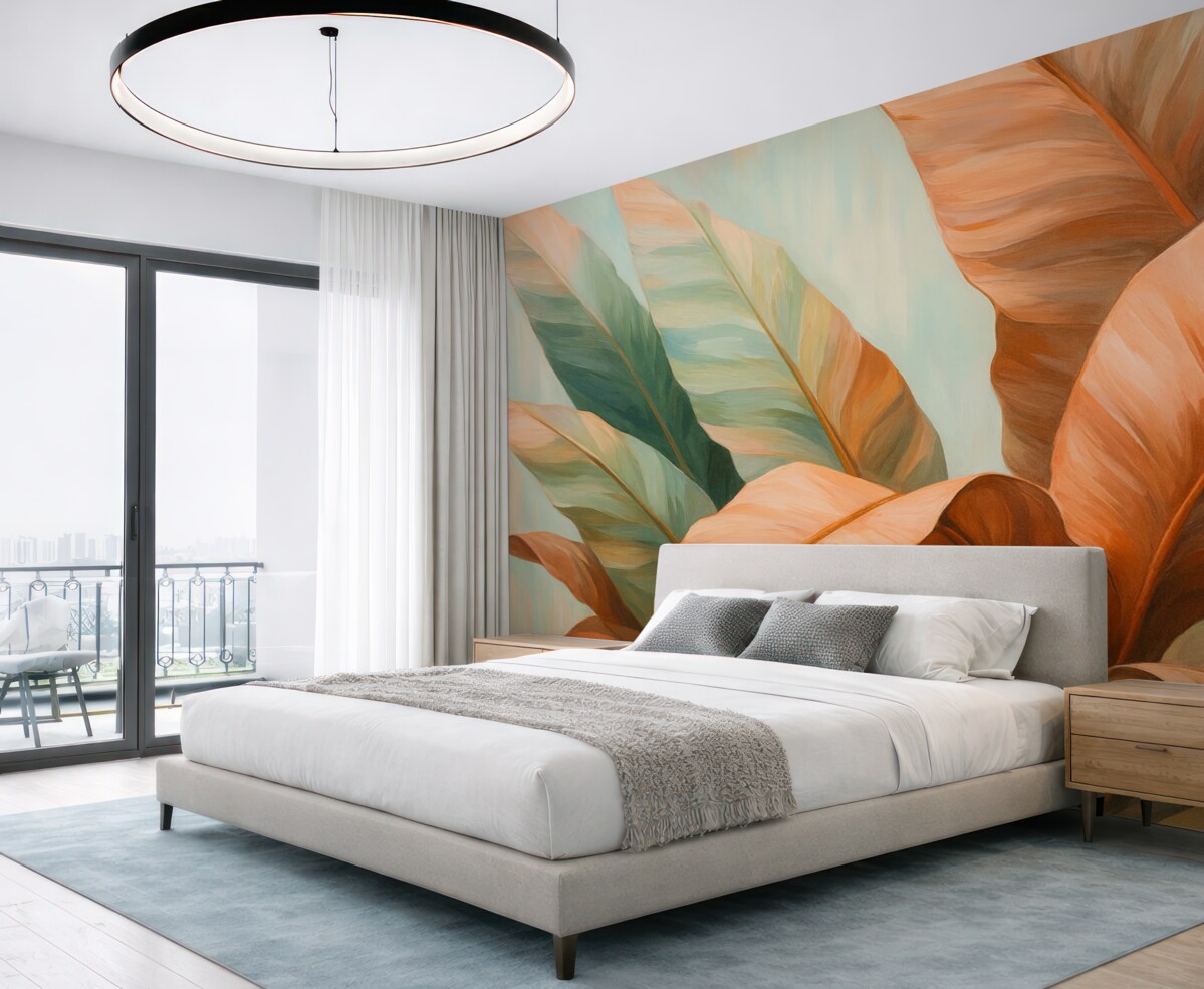 Fototapeta Obraz olejny z wielkimi liśćmi palmowymi w odcieniach różu.