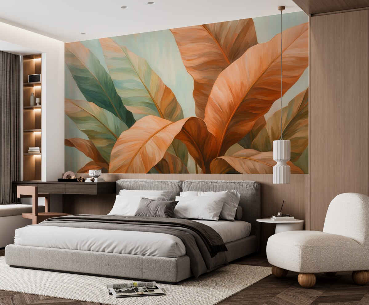 Fototapeta Obraz olejny z wielkimi liśćmi palmowymi w odcieniach różu.