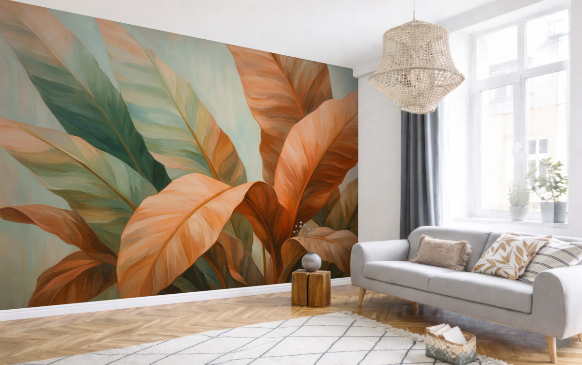 Fototapeta Obraz olejny z wielkimi liśćmi palmowymi w odcieniach różu.