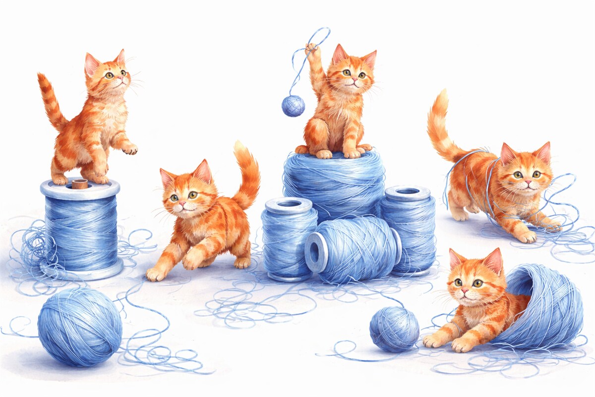 Fototapeta Czerwone kotki bawią się farbami z niebieskimi niteczkami.
